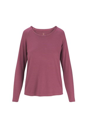 Langärmliges Rundhals-Shirt mit dünnen horizontalen Streifen in Schattierungen von Dunkelpink und Lila, flach auf weißem Hintergrund dargestellt.