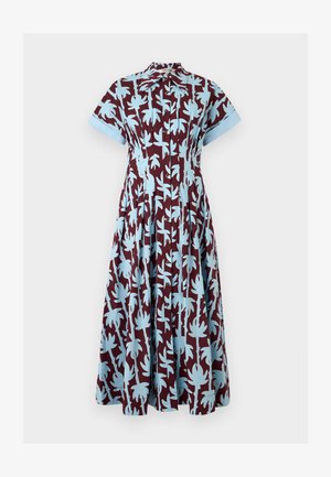 Μίντι φόρεμα με κοντά μανίκια, κουμπιά στο μπροστινό μέρος, με κεραμιδί βάση και ανοιχτό μπλε αφηρημένο σχέδιο φύλλων, με γιακά και μανίκια με μανσέτες.