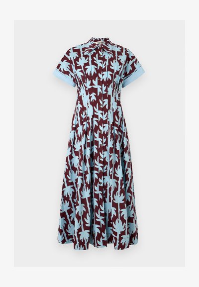 Μίντι φόρεμα με κοντά μανίκια, κουμπιά στο μπροστινό μέρος, με κεραμιδί βάση και ανοιχτό μπλε αφηρημένο σχέδιο φύλλων, με γιακά και μανίκια με μανσέτες.