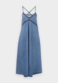Denimkjole med løs passform, med justerbare kryssreimer, rund halsutringning og en hem som flares litt. Blå farge med sømdetaljer.