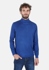 Maglione a dolcevita blu in morbido tessuto a maglia, design aderente con maniche lunghe, completato da un colore uniforme e una texture sottile. Indossato con jeans.