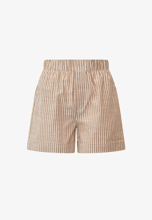 Barna rövidnadrágok függőleges fehér csíkokkal, elasztikus derékpánttal, gúnyolt szegélyekkel és varrási részletekkel, sima fehér háttéren.