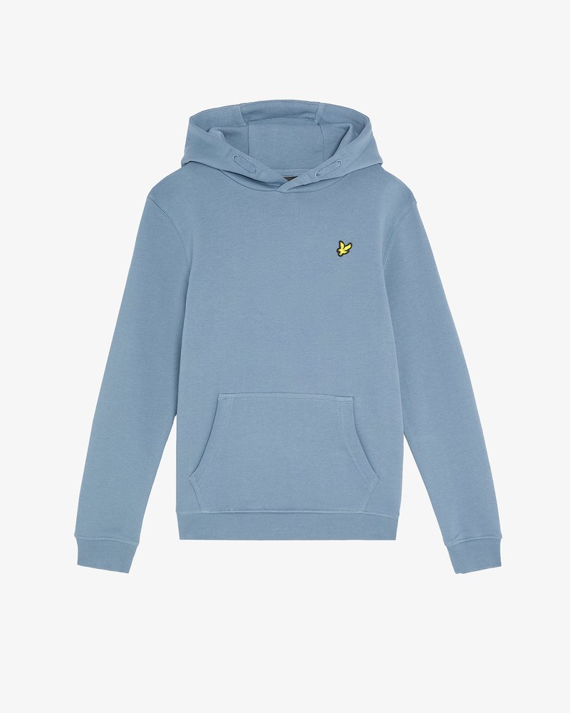 Felpa leggera di colore azzurro realizzata in tessuto morbido, con tasca a marsupio, polsini a coste e un piccolo logo di un uccellino giallo sul lato sinistro del petto.