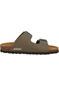 Olijfgroene slide-sandalen met twee verstelbare banden, kurken voetbed en zwarte rubberen zool. Merkennaam "palado" afgedrukt op de zijkant.