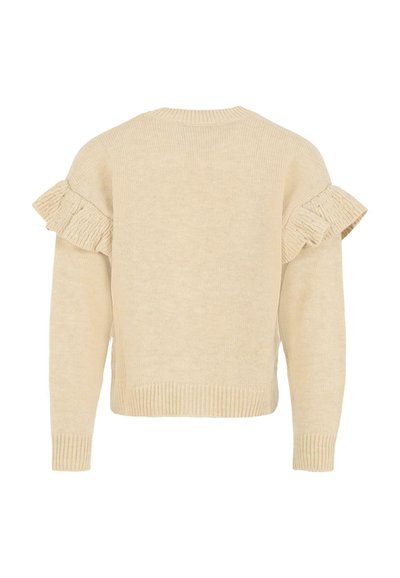 Maglione beige lavorato a maglia con maniche lunghe e dettagli di tessuto arricciato sulla parte superiore della schiena e delle spalle.