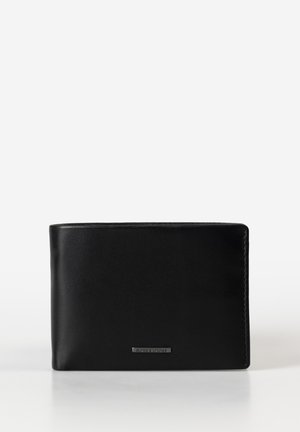 Black leather bifold wallet with smooth texture and small metallic brand logo centered on the front.