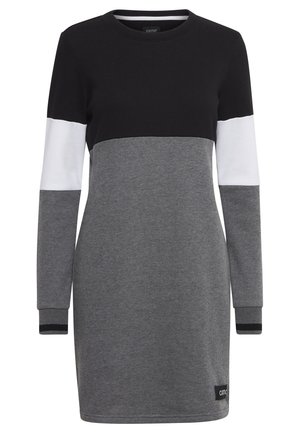 Robe en bloc de couleurs en mélange de coton noir, blanc et gris, dotée de manches longues, d'un col rond et d'une étiquette de logo en bas.
