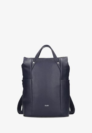 Sac à dos en cuir bleu marine avec poignées supérieures, poches latérales et fermeture éclair argentée, portant le logo « zwei » en centre avant.
