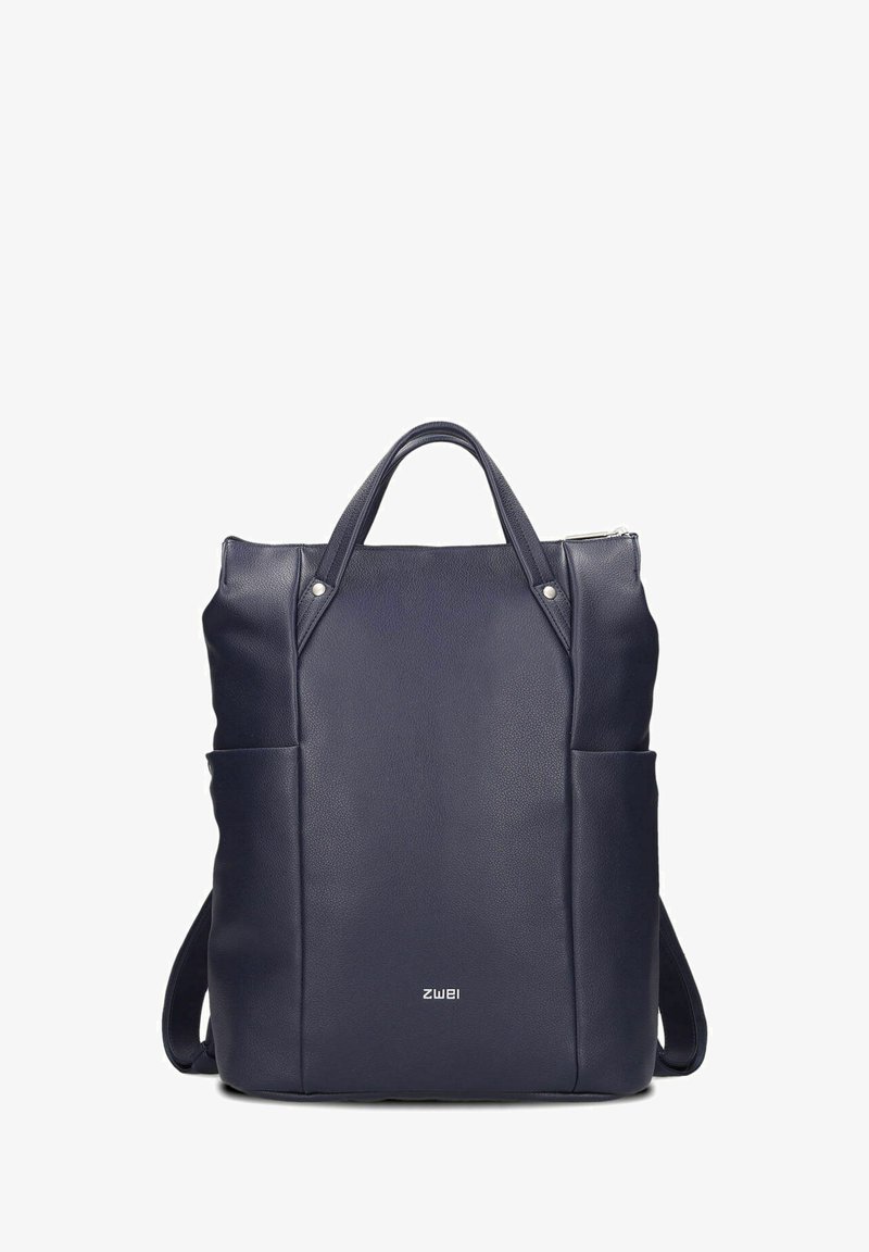 Zaino in pelle blu navy con manici superiori, tasche laterali e cerniera argentata, marchiato con il logo "zwei" al centro anteriore.