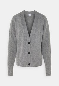 Cárdigan gris de punto con escote en V, mangas largas y dobladillo acanalado. Presenta cuatro botones negros en la parte frontal. Textura suave.