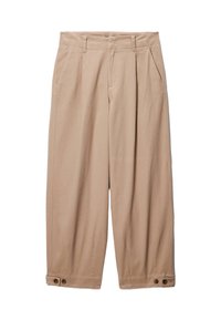 Pantalon beige à jambes larges avec taille haute, présentant des plis, des poches latérales et des boutons décoratifs aux poignets. Confectionné en tissu de coton.