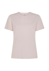 T-shirt rosa chiaro in cotone, con maniche corte e scollatura rotonda. Dettaglio del logo piccolo sul lato sinistro del petto.