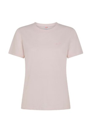 T-shirt rosa chiaro in cotone, con maniche corte e scollatura rotonda. Dettaglio del logo piccolo sul lato sinistro del petto.