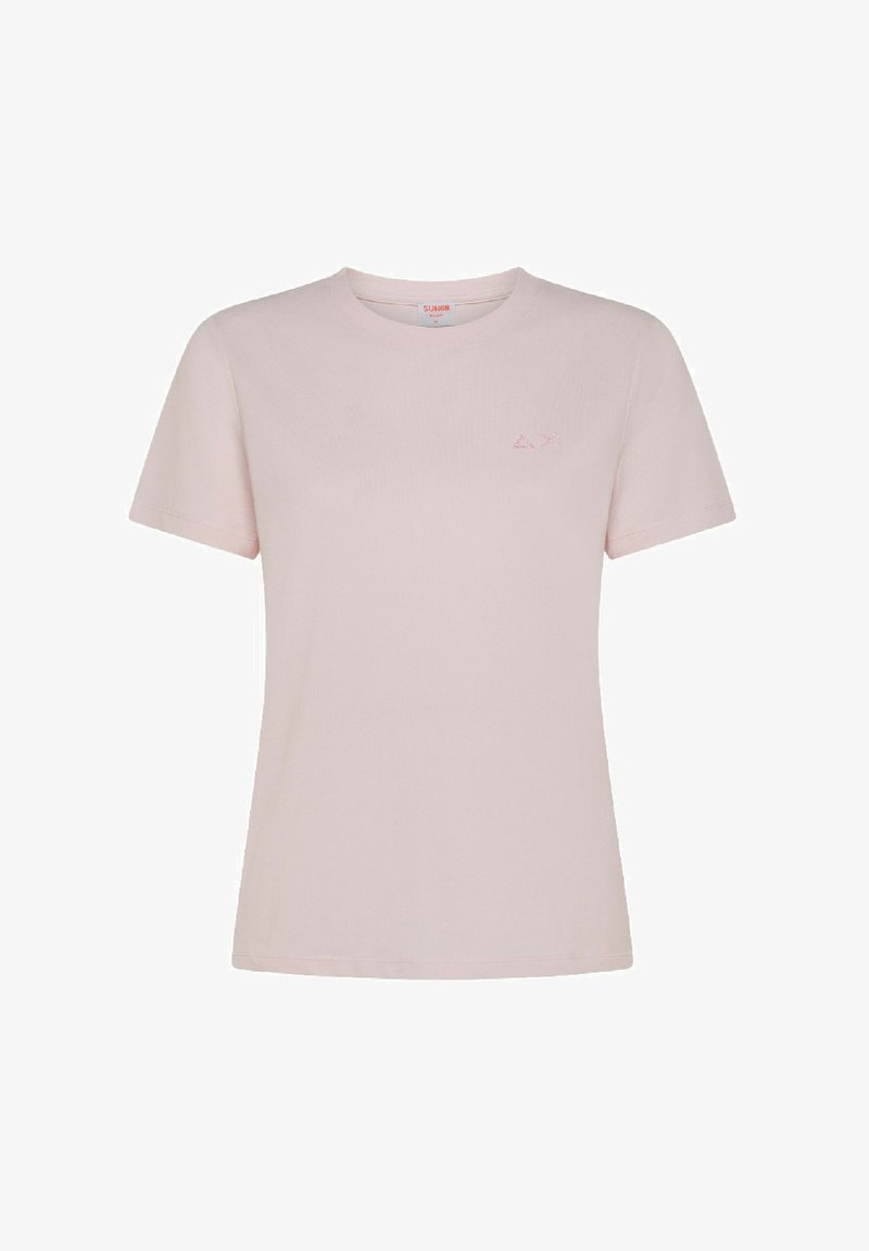 T-shirt rosa chiaro in cotone, con maniche corte e scollatura rotonda. Dettaglio del logo piccolo sul lato sinistro del petto.