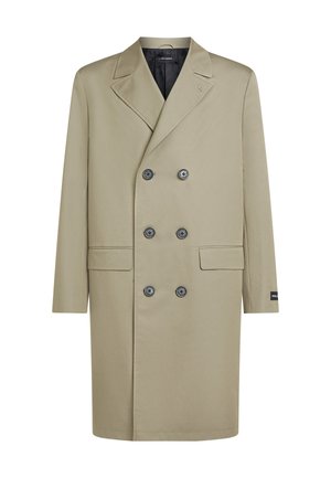 Svetlo bež dvoredni plašč iz gladkega blaga, s črnimi gumbi, dvema sprednjima žepoma in ovratnikom z zarezo.