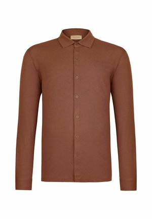 Chemise marron à manches longues avec col classique, dotée de six boutons sur le devant et d'une coupe slim.