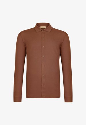 Brun langærmet skjorte med knapper, klassisk krave, seks knapper foran og slank pasform.