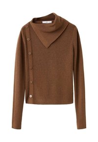 Pull en maille marron avec un col chauve-souris et un col diagonal, comportant six boutons sur le côté gauche. Texture douce. Design multi-saisons.