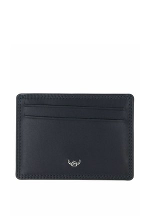 Porte-cartes en cuir noir avec deux emplacements horizontaux pour cartes et un petit logo argenté avec des cornes en bas au centre.