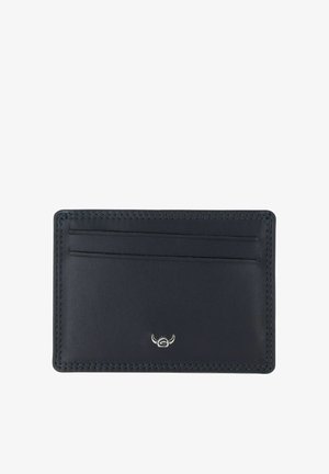 Black leather cardholder with two horizontal card slots and a small silver logo featuring horns at the bottom center.