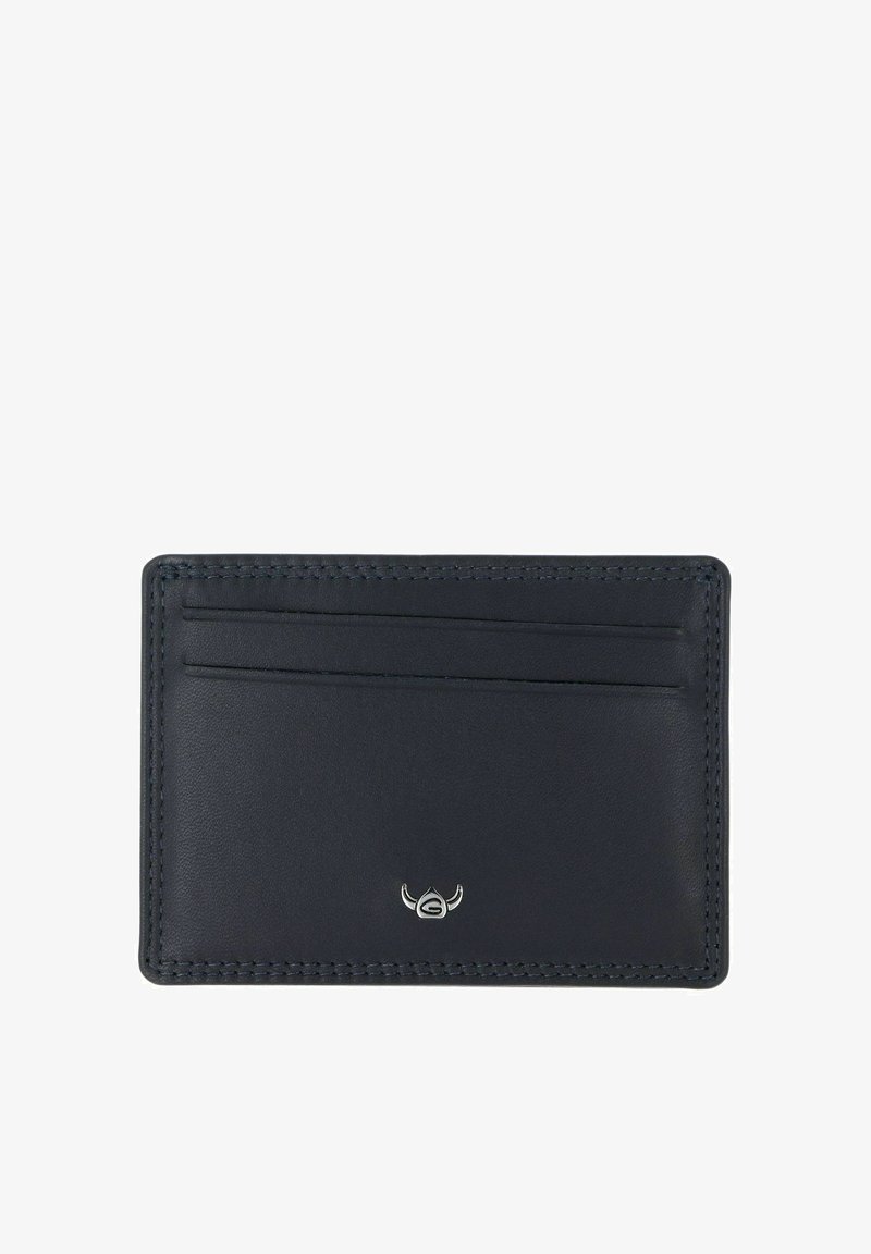 Porte-cartes en cuir noir avec deux emplacements horizontaux pour cartes et un petit logo argenté avec des cornes en bas au centre.