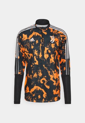 Sort og orange marmoreret langærmet sportstop med hvide Adidas- og Juventus-logoer samt hvidt tre-stribedesign på ærmerne.