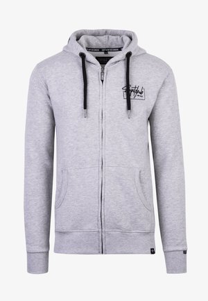 Gray zip-up hoodie made of soft cotton. Features a drawstring hood, front pockets, and black accents. Includes a logo on the chest area.