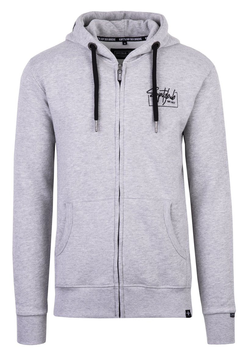 Gray zip-up hoodie made of soft cotton. Features a drawstring hood, front pockets, and black accents. Includes a logo on the chest area.