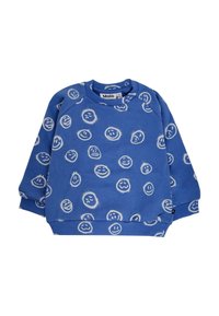 Sweatshirt bleu avec des imprimés de visages souriants blancs, col ras du cou et poignets côtelés. Fabriqué en tissu doux et texturé. Étiquette de marque visible.