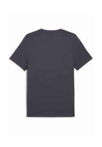Mørkegrå kortærmet T-shirt med rund hals; glat tekstur; ingen synlige logoer eller markante mønstre; bagfra ses et simpelt design.