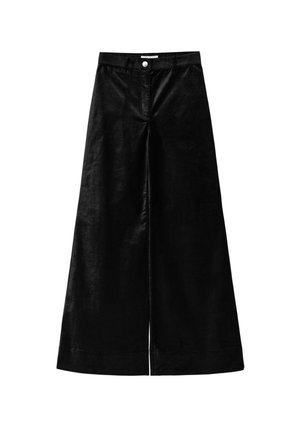 Black wide-leg trousers with a smooth texture, featuring a front button closure and a vertical split detail for ease of movement.
