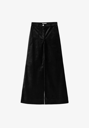 Black wide-leg trousers with a smooth texture, featuring a front button closure and a vertical split detail for ease of movement.