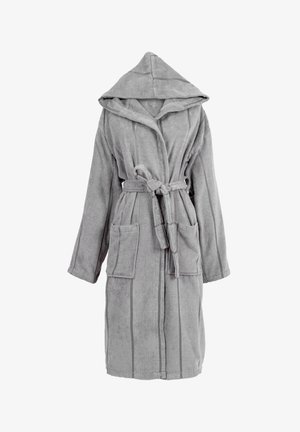 Gray hooded bathrobe in soft fabric, featuring two front pockets, a tied waist, and vertical stitch detailing along the edges.