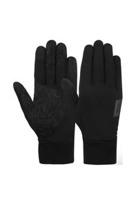 Gants noirs en matériau extensible, dotés d'un motif de préhension texturé sur la paume et d'un accent logo au niveau du poignet.