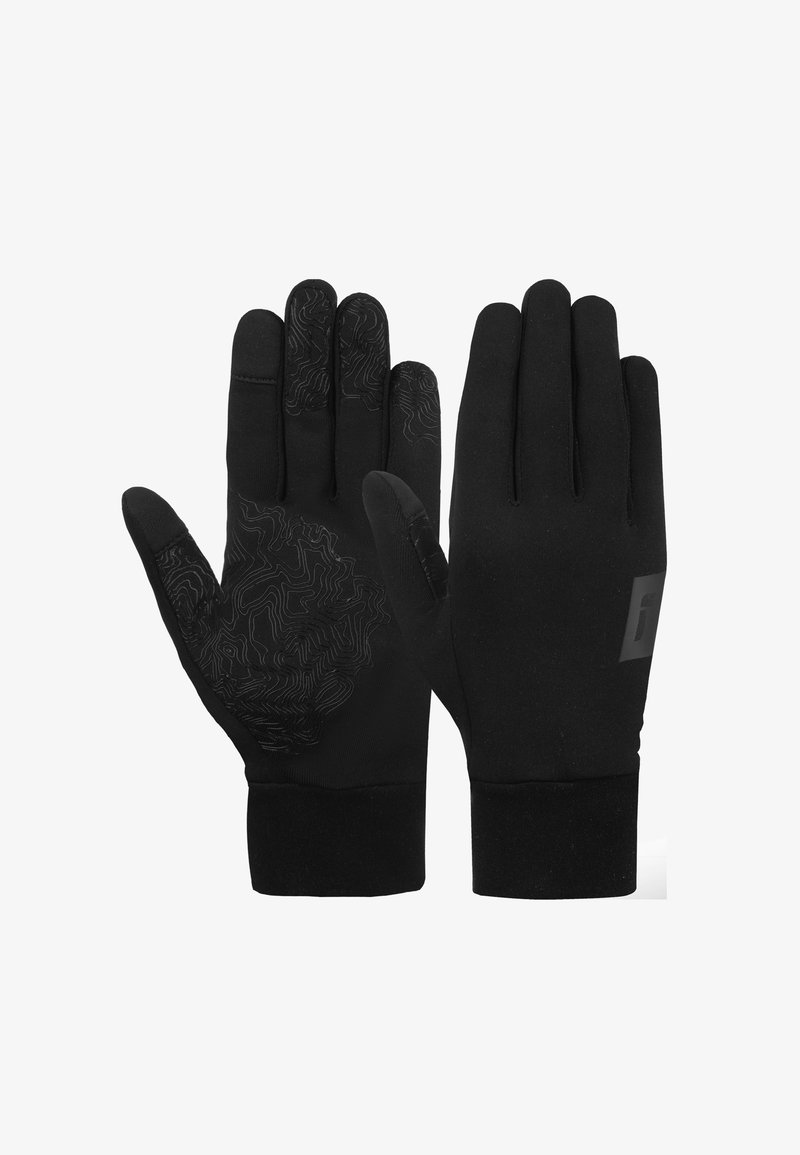 Schwarze Handschuhe aus einem dehnbaren Material, mit einem strukturierten Griffdesign an der Handfläche und einem Logoakzent im Handgelenkbereich.