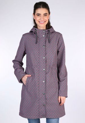Gray raincoat with a pink droplet pattern, featuring a hood, front snap closures, and side pockets. Smooth texture and knee-length design.