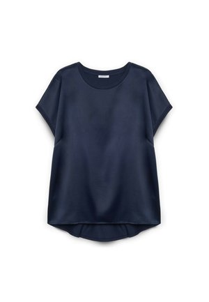 Top blu navy a maniche corte realizzato in tessuto liscio. Presenta un collo rotondo e un orlo leggermente curvato per un fit facile e rilassato.