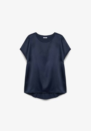 Marineblaues, kurzärmliges Oberteil aus glattem Stoff. Verfügt über einen runden Ausschnitt und einen leicht abgerundeten Saum für eine einfache, lockere Passform.