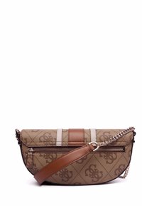 Borsa a tracolla in canvas marrone con motivo distintivo, presenta una striscia solida beige e marrone, una tracolla in pelle e una tasca con zip.