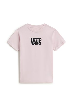 Hellrosa T-Shirt mit kurzen Ärmeln und Rundhalsausschnitt, schwarzes Vans-Logo mittig auf der Brust, dargestellt vor weißem Hintergrund.