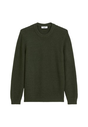 Pull en maille vert foncé avec un motif texturé, col ras du cou et manches longues. Présente des poignets et un ourlet côtelés pour une finition ajustée.