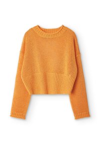 Gekürzter orangefarbener Pullover aus strukturiertem Strickstoff. Mit einem breiten Rippenbund und -ärmeln sowie einem runden Halsausschnitt.