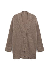Cardigan en tricot marron avec un col en V, des manches longues et cinq boutons sur le devant. Les poignets et l'ourlet côtelés ajoutent de la texture et du détail.