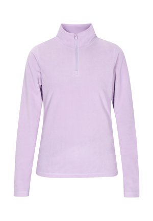 Lila Fleece-Pullover mit einem Viertelreißverschluss-Halsauschnitt, langen Ärmeln und weicher Textur. Verfügt über ein einfaches Design ohne Muster oder Beschläge.