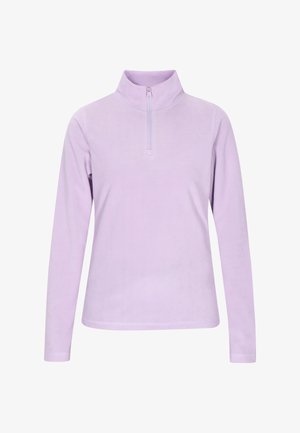Lila fleece pullover dengan kerah zip seperempat, lengan panjang, dan tekstur lembut. Memiliki desain sederhana tanpa pola atau perangkat keras.