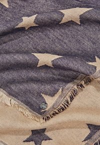 Tissu tissé bleu et beige avec un grand motif d'étoiles, bords frangés et une petite étiquette métallique ronde attachée.