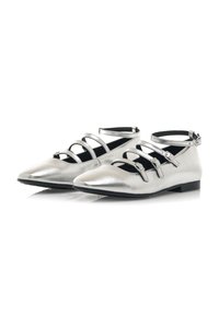 Ballerines argentées avec un bout pointu, plusieurs brides croisées et un petit talon. Fini métallique lisse avec une doublure intérieure noire.
