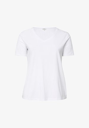 T-shirt blanc à manches courtes avec col en V, coupe décontractée, design uni, sans motifs ni logos visibles.