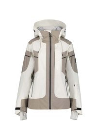 Wasserfeste Jacke in Creme und Beige mit Kapuze, ausgestattet mit einem Reißverschluss, zwei Brusttaschen und verstellbaren Manschetten mit schwarzen Akzenten.