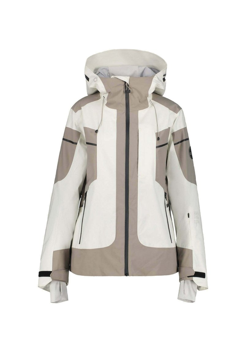 Wasserfeste Jacke in Creme und Beige mit Kapuze, ausgestattet mit einem Reißverschluss, zwei Brusttaschen und verstellbaren Manschetten mit schwarzen Akzenten.